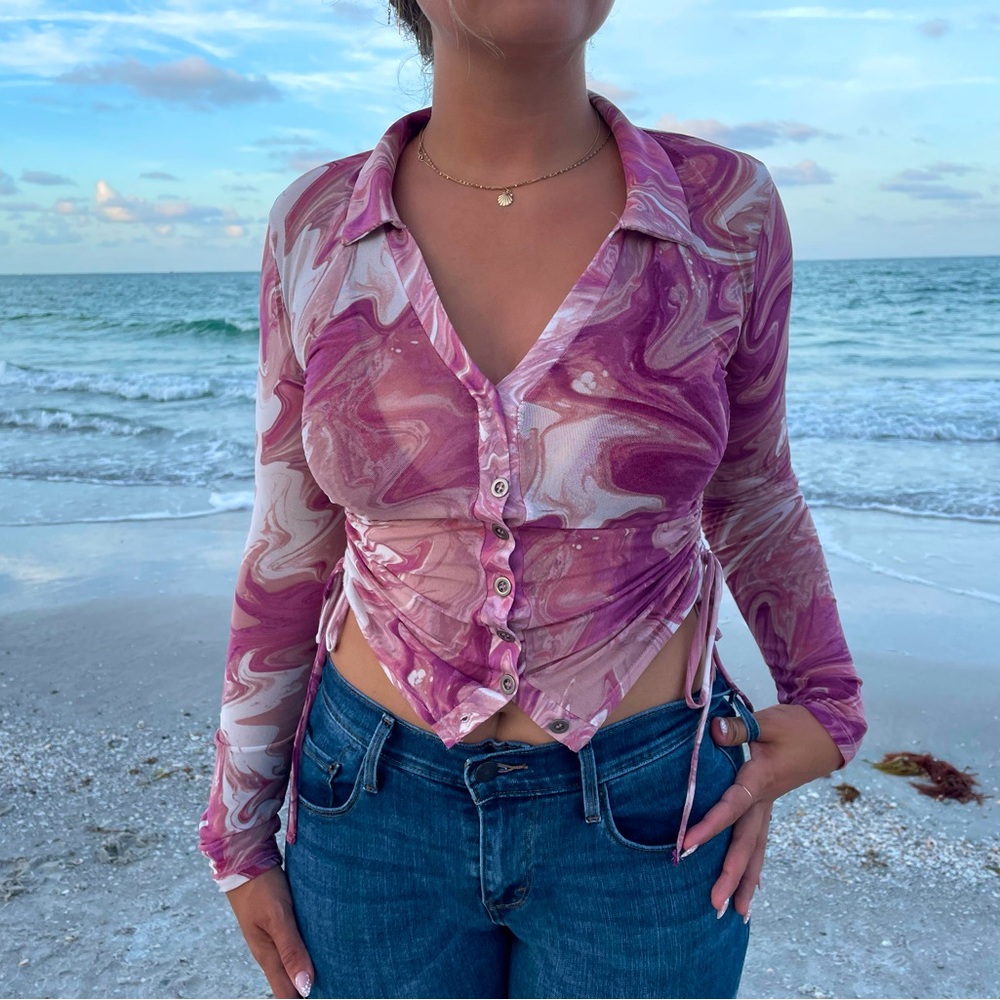 Pink Sheer Psychedelic Button Up Blouse